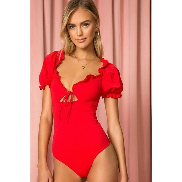superdown Alexia Tie Front Bodysuit Red Ruffle XXS - Picture 2 of 7